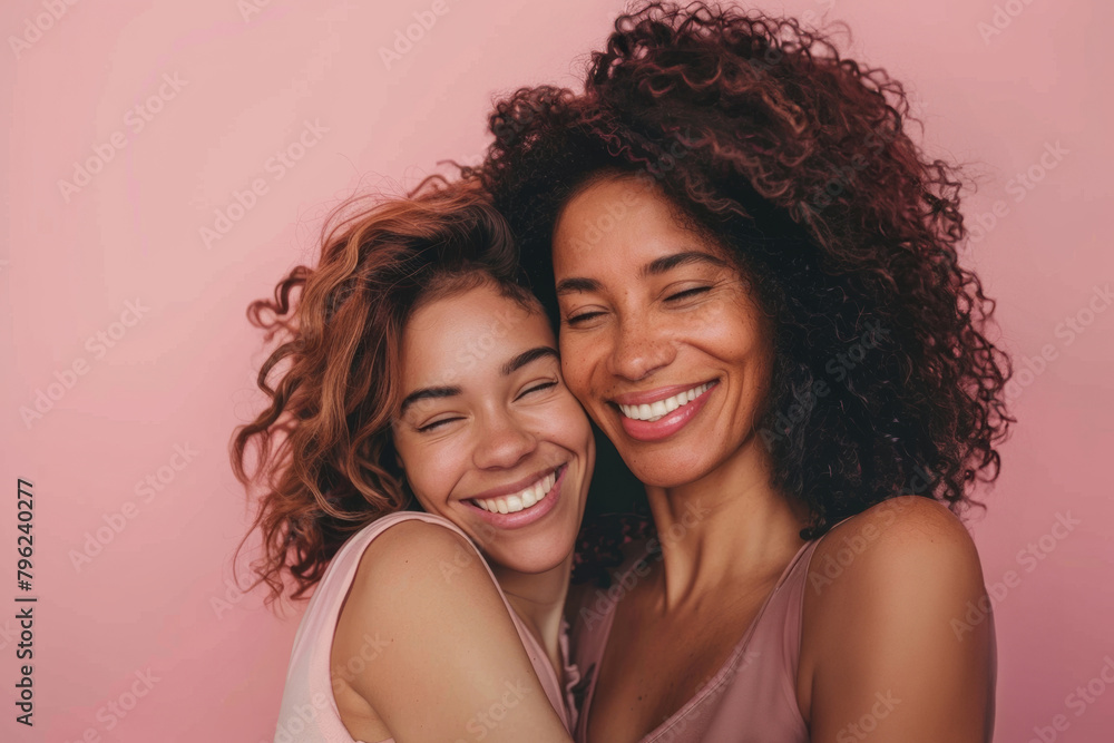 Mom, girl and smile with gratitude in studio on pink background with hug for mothers day, appreciation and support. Parent, daughter and smile with care, love and affection or eyes closed as family Mom, girl and smile with gratitude in studio on pink background with hug for mothers day, appreciation and support. Parent, daughter and smile with care, love and affection or eyes closed as family
