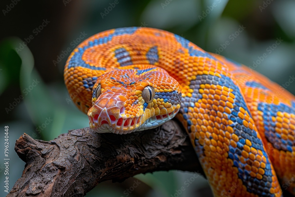 Fototapeta premium Red-tailed Boa Constrictor: Wrapped around a tree branch with vibrant colors and smooth texture.