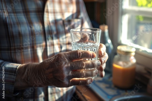 Close-up photo of a senior man's weathered hands holding a glass of water generative ai