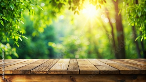 Wooden table and blurred green nature garden background.