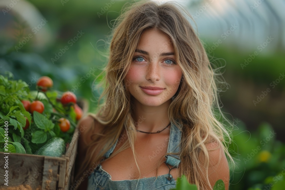 Attractive young blond woman with blue eyes holding a crate of fresh vegetables in a garden environment Attractive young blond woman with blue eyes holding a crate of fresh vegetables in a garden environment