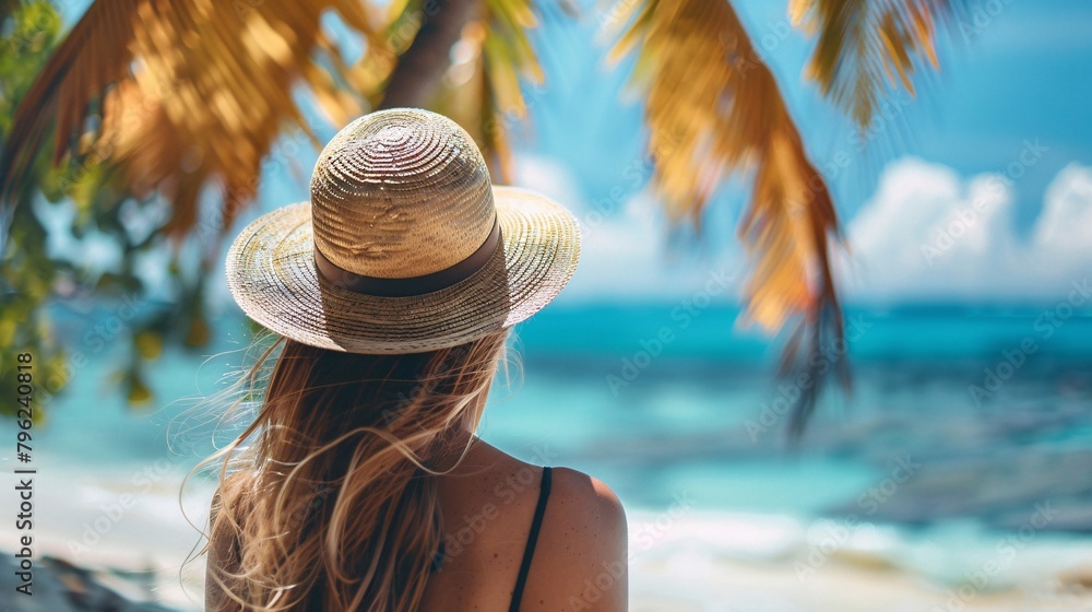 back view of woman in straw hat on summer background