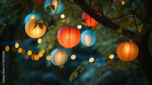Colorful paper lanterns hanging from a tree, illuminating a garden party with their soft, ambient light and adding a touch of whimsy to the atmosphere.