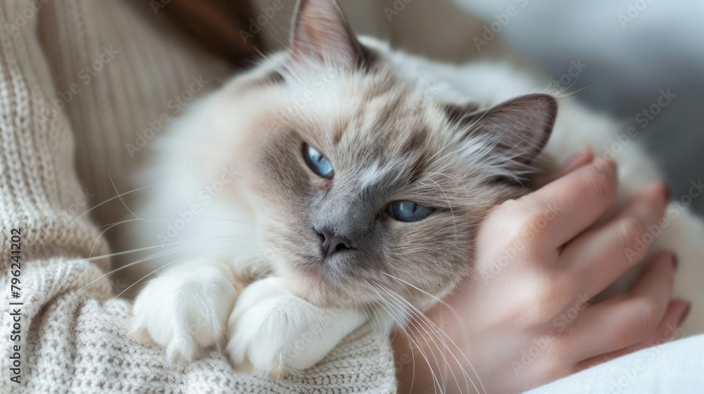 Obraz premium cuddly cat nestled in its owner's arms, purring contentedly. 