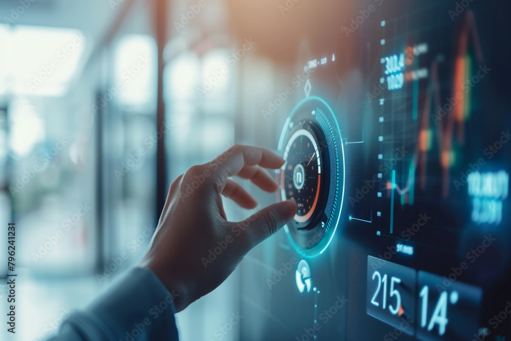 Zoomed-in image of a hand adjusting a smart thermostat in an energy-efficient building, graphs showing energy savings Zoomed-in image of a hand adjusting a smart thermostat in an energy-efficient building, graphs showing energy savings