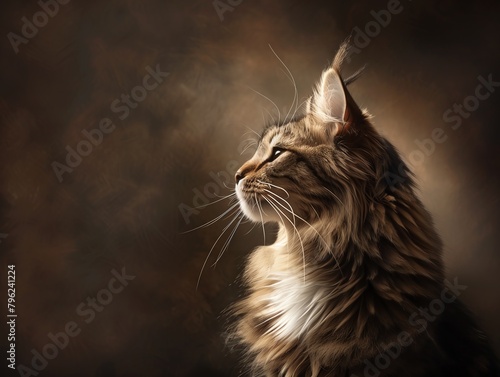 A beautiful, majestic Maine Coon cat with long, flowing fur and a fluffy tail. photo