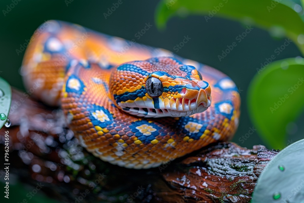 Red-tailed Boa Constrictor: Wrapped around a tree branch with vibrant colors and smooth texture. - obrazy, fototapety, plakaty 