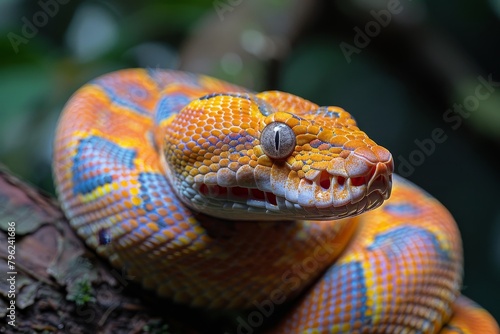 Red-tailed Boa Constrictor: Wrapped around a tree branch with vibrant colors and smooth texture.