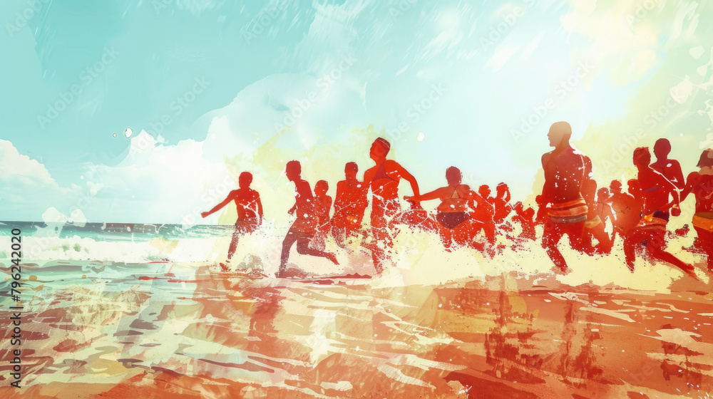 A diverse group of individuals energetically running into the ocean, splashing through the water with excitement A diverse group of individuals energetically running into the ocean, splashing through the water with excitement