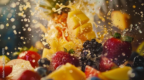 Dynamic motion blur as fruits are pulverized into delicious smoothies, enticing the senses