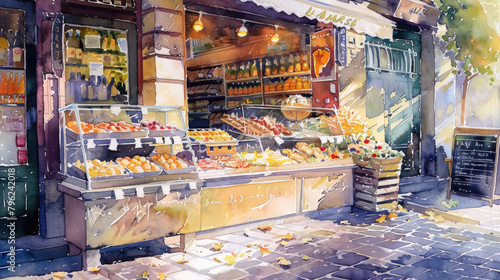 A detailed painting showcasing a bustling store front filled with a wide array of food on display, including fruits, vegetables, meats, and baked goods