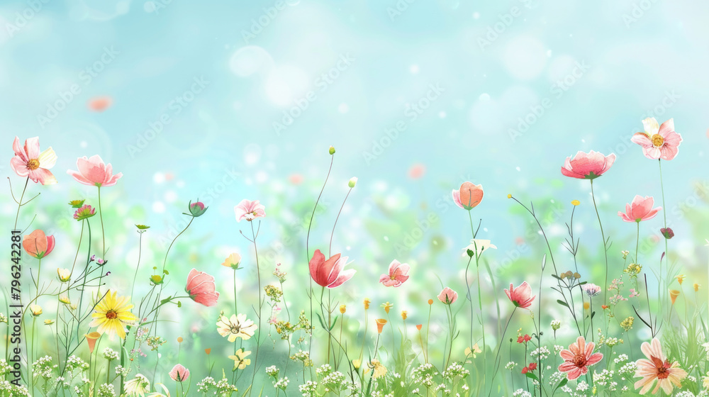 A field bursting with pink and yellow flowers in full bloom, creating a colorful and lively natural landscape A field bursting with pink and yellow flowers in full bloom, creating a colorful and lively natural landscape