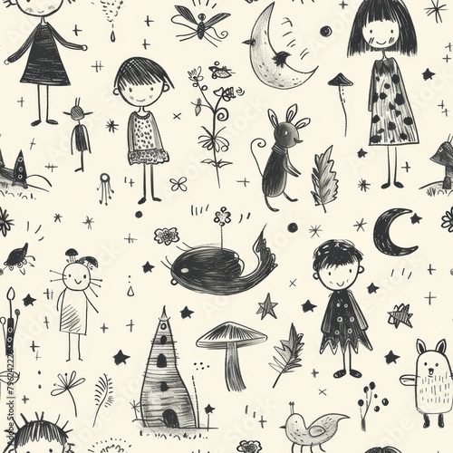 A seamless pattern of hand-drawn illustrations and whimsical characters, capturing the charm and innocence of childhood imagination photo