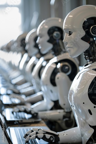 A lineup of humanoid robots operating laptops