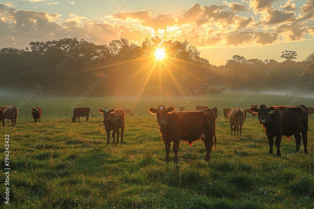 Φωτογραφία The herd of brown cows enjoys the warm misty morning sunlight in a lush green pa