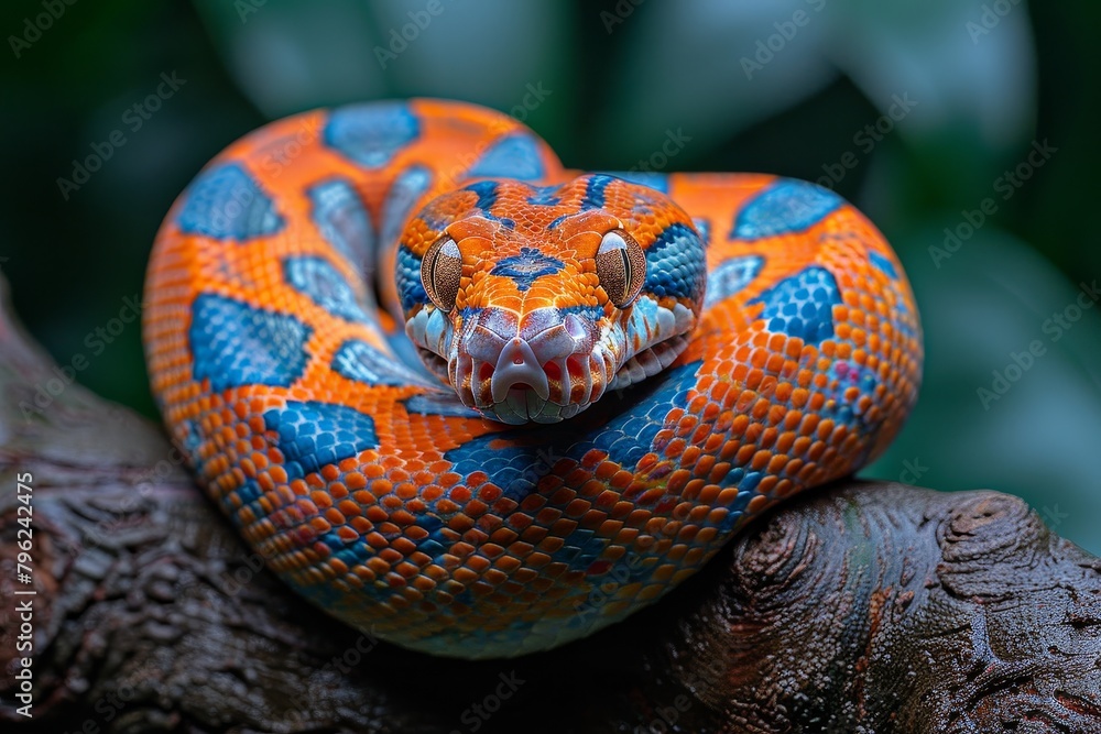 Red-tailed Boa Constrictor: Wrapped around a tree branch with vibrant colors and smooth texture. Red-tailed Boa Constrictor: Wrapped around a tree branch with vibrant colors and smooth texture.
