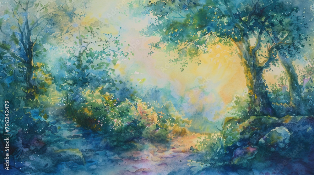 A painting depicting a winding path cutting through a dense forest, with sunlight filtering through the leaves overhead A painting depicting a winding path cutting through a dense forest, with sunlight filtering through the leaves overhead