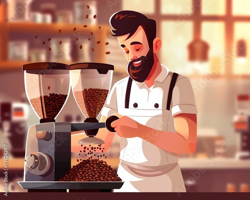 Barista grinding fresh coffee beans, focus on the grinder and aromatic beans, bright colors, clean background, Realistic HD characters