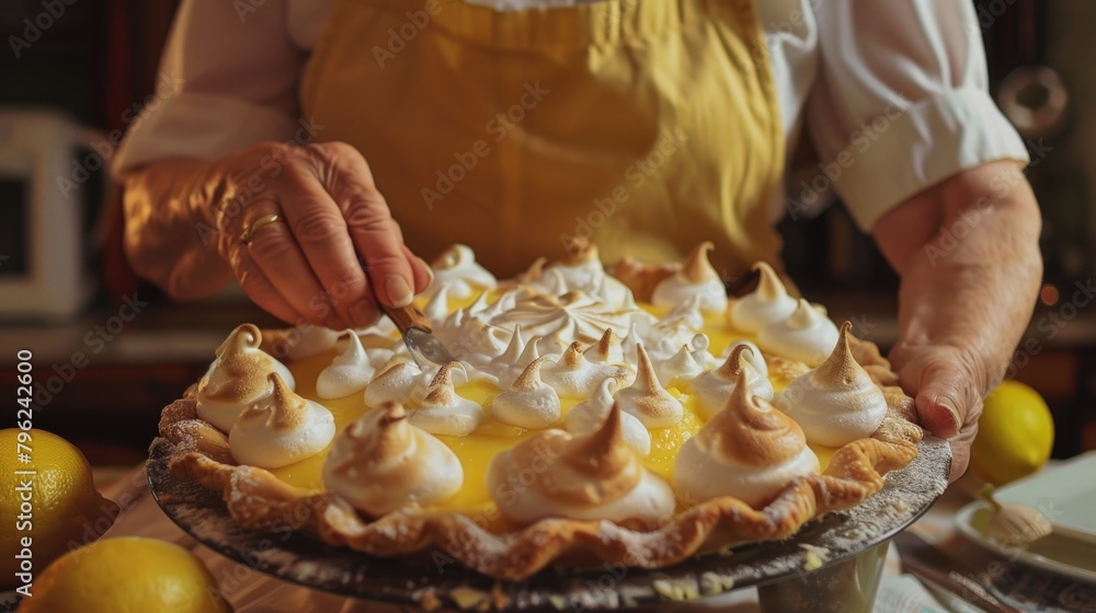 A person in an apron cutting a delicious lemon meringue pie. Perfect for food and cooking related projects