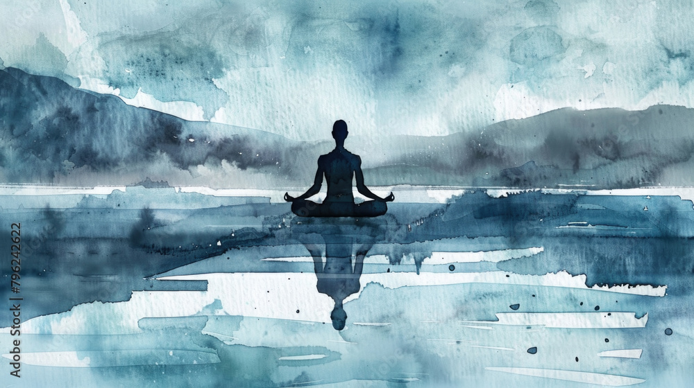 A painting depicting a person in the lotus position, sitting cross-legged with hands resting on knees, symbolizing meditation and mindfulness A painting depicting a person in the lotus position, sitting cross-legged with hands resting on knees, symbolizing meditation and mindfulness