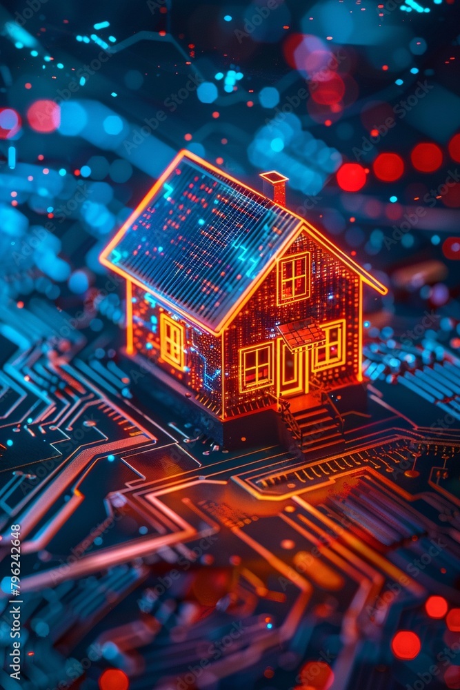 Digital house hologram on circuitry neon red-blue glow Digital house hologram on circuitry neon red-blue glow
