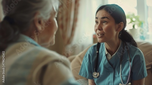 Nurse having a conversation with a patient, suitable for healthcare concepts