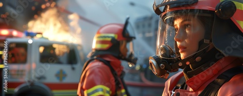 Firefighter coaching a recruit, focus on teaching and hose technique, practical training environment, Realistic HD characters © Sirirat