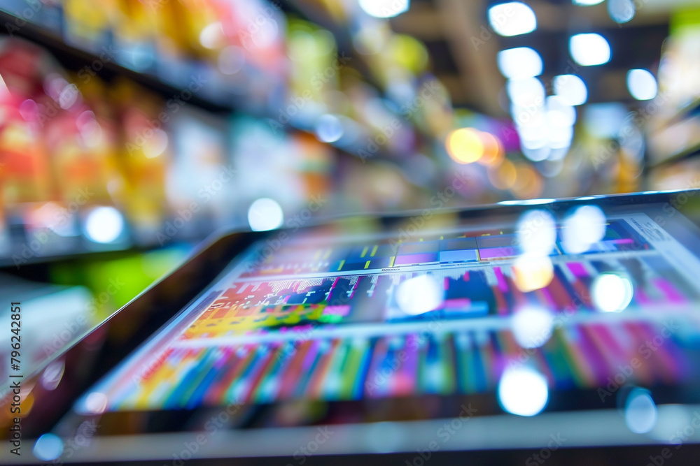 Zoomed-in image of a retail sales graph on a tablet, showing consumer spending trends Zoomed-in image of a retail sales graph on a tablet, showing consumer spending trends