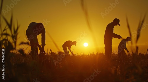Farmers bent over in the fields, their silhouettes etched against the setting sun, embodying the resilience and fortitude of those who till the earth. photo