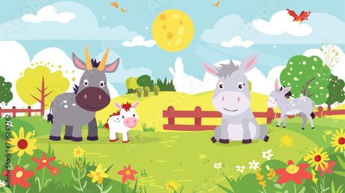 Farm animals with landscape - cute cartoon vector illustration © Mishab