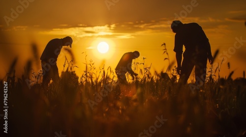 Farmers bent over in the fields, their silhouettes etched against the setting sun, embodying the resilience and fortitude of those who till the earth. photo
