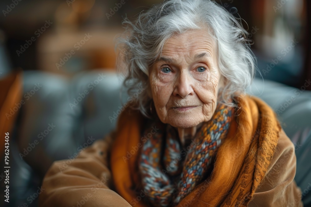 An elderly woman with a pensive expression wearing glasses and an orange shawl, suggesting wisdom and tranquility An elderly woman with a pensive expression wearing glasses and an orange shawl, suggesting wisdom and tranquility