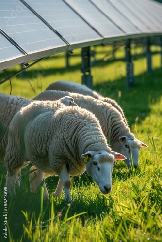 Sheep grazing in a solar park with renewable energy and sustainability