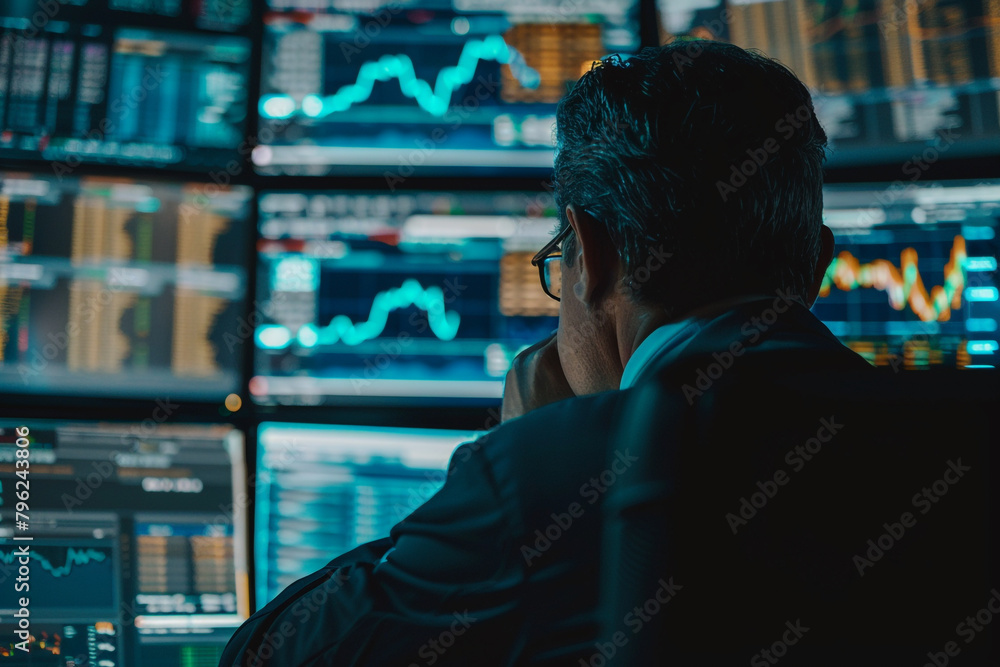 Zoomed-in image of a stock trader monitoring international trade stocks, multiple screens with live data Zoomed-in image of a stock trader monitoring international trade stocks, multiple screens with live data