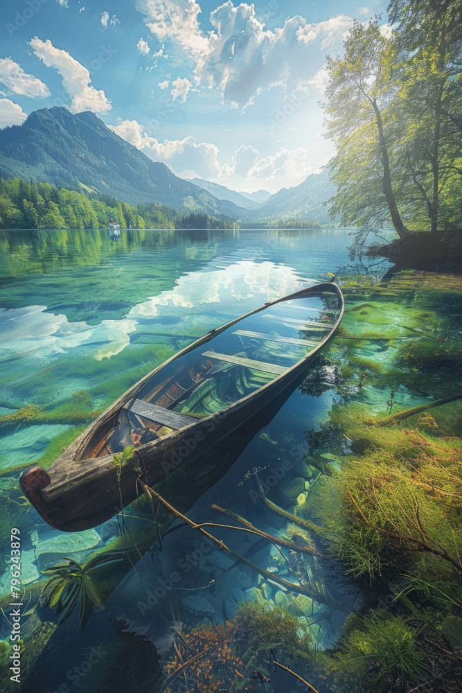 A painting depicting a boat floating on a calm lake, surrounded by serene scenery A painting depicting a boat floating on a calm lake, surrounded by serene scenery