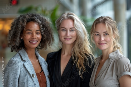 Three stylish businesswomen smile together, portraying professionalism, confidence, and companionship