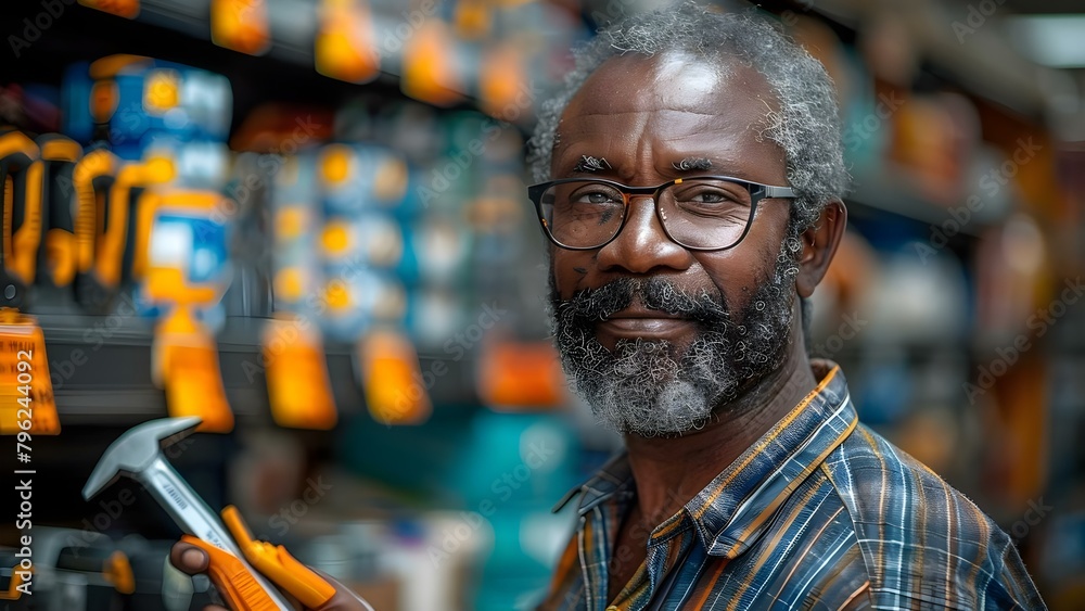 African Middle-aged Man Joyfully Selecting Tools at Hardware Store for Home Projects. Concept DIY Home Improvement, Hardware Store Shopping, African Middle-aged Man, Joyful Expression, Tool Selection