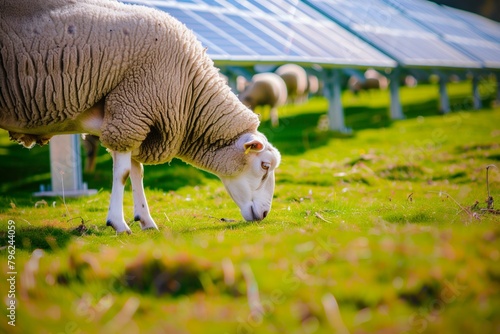 Sheep grazing in a solar park with renewable energy and sustainability
