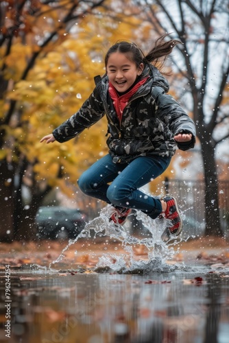 With a smile on her face, a girl jumps over puddles, her enthusiasm undampened by the rain, Generative AI