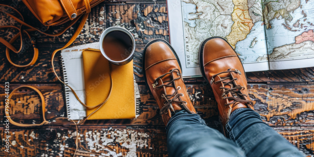 A person is standing in front of a map and a cup of coffee. The person is wearing brown boots and jeans. The scene is set on a wooden floor - obrazy, fototapety, plakaty 