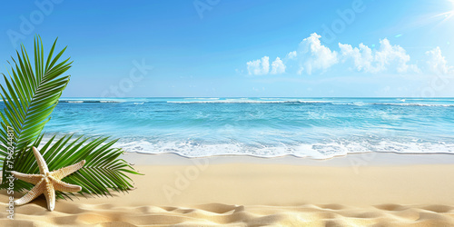 A beach scene with a palm tree and a starfish on the sand. Scene is calm and relaxing