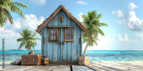 A blue house with a wooden door and windows sits on a wooden platform next to a palm tree. The house is empty and there are no people in the image