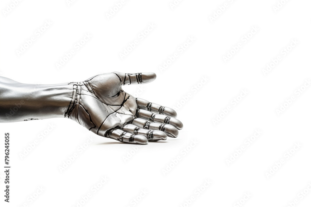 A metallic robot hand extended against a white background, symbolizing AI technology