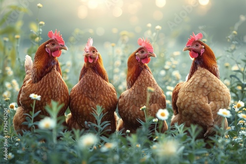 An image capturing a group of brown hens gathered on a farm with a beautiful soft dawn light photo
