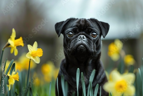 A black dog sitting peacefully among yellow flowers. Perfect for nature or pet-related projects