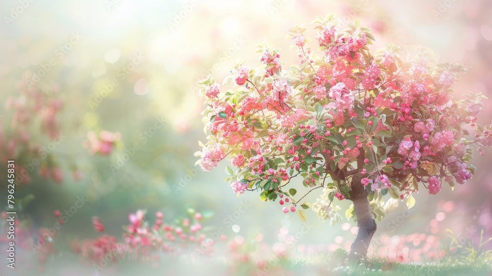 Single apple tree in full bloom, isolated against a soft, blurred backdrop