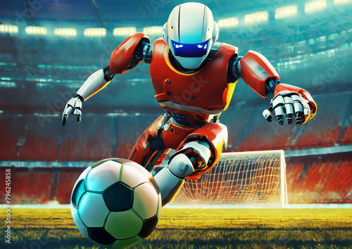 スポーツの概念でスタジアムでサッカーをする人型ロボット