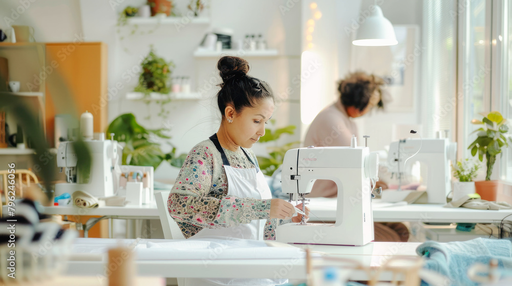A woman is sewing using a machine in a workshop for fashion design. A seamstress is operating a sewing machine in a fashion design workshop, providing a custom sewing service for customers. Coworking A woman is sewing using a machine in a workshop for fashion design. A seamstress is operating a sewing machine in a fashion design workshop, providing a custom sewing service for customers. Coworking
