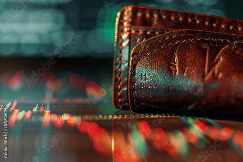 Zoomed-in image of an empty wallet against the backdrop of a global economic downturn chart 