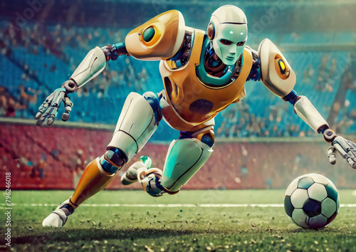 スポーツの概念でスタジアムでサッカーをする人型ロボット